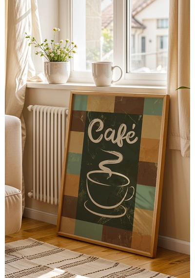 Retro Café Sanatsal Tasarım Çerçeveli Tablo - Vintage Kahve Köşesi Duvar Dekoru Kayın