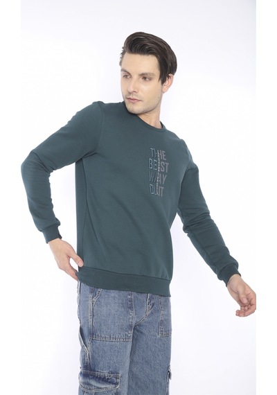 Escetic Erkek Spor Slimfit, Bisiklet Yaka Yeşil Sweatshirt-4273 Yeşil