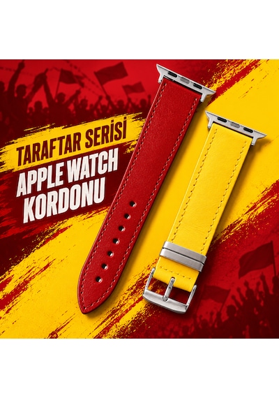 Goldoni Apple Watch Uyumlu Sarı Kırmızı İnce Hakiki Deri Taraftar Kordonu Metal Köprülü