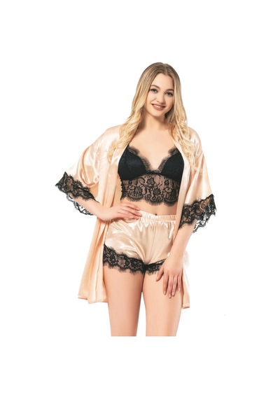 Kubatex Braletli Güpürlü Saten Babydoll Ve Sabahlık - Üçlü Takım Bej Reng Bej