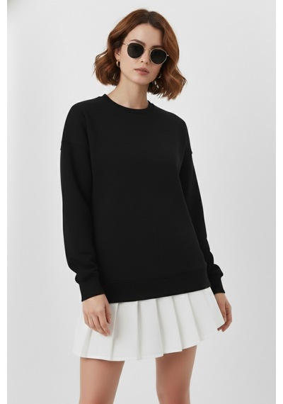 Uyguntarz Unisex Yumuşak Dokulu Düz 3 İplik Oversize Sıfır Yaka Sweatshirt Sade Ve Modern Görünüm siyah