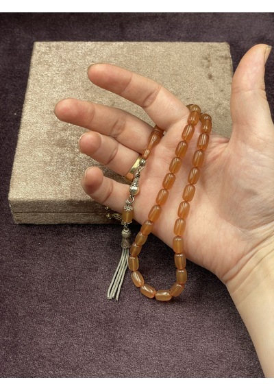 Alpaka Zincir Püsküllü Kapsül Kesim Turuncu Ateş Kehribar Tesbih 7x11 Mm