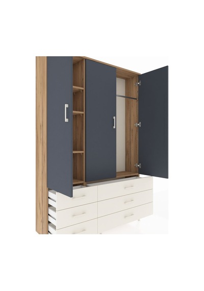 Arges Dolap 5 Raflı 6 Çekmeceli Tek Askılı 132x30x195 Çam-ant... Çam