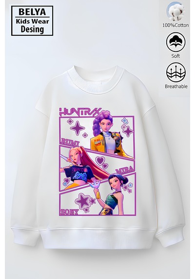 Tam Kalıp Oversize Kız Çocuk Pamuğa Pamuk 3 İplik Kumaş Pop Tasarım Sweatshirt Beyaz