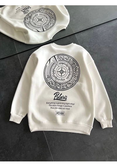 Kışlık Bisiklet Yaka Ön Ve Arka Baskılı Sweatshirt - Beyaz Beyaz