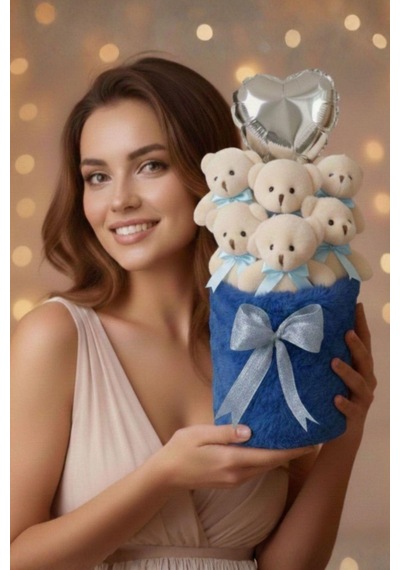 Sevgililer Günü Ne Özel: Premium Kalp Balonlu Deluxe Peluş Mavi Ayıcık Buketi Özel Kutulu Tasarım