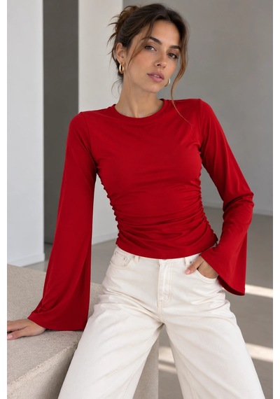 Bb Butik Basic Yan Büzgülü İspanyol Kol Basic Kadın Bluz My3535 Kırmızı