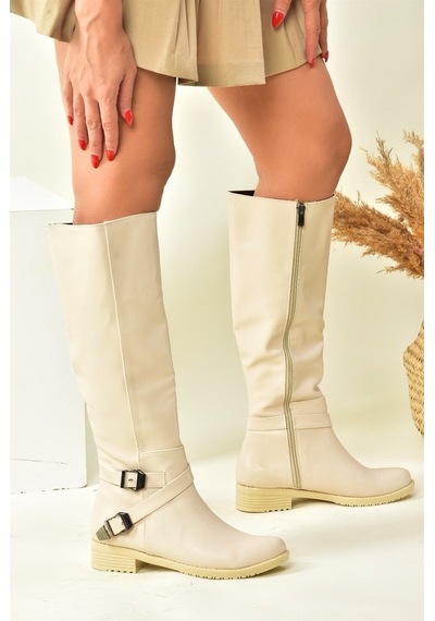 Fox Shoes Bej Kısa Topuklu Kadın Çizme E726203409