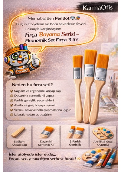 Ekonomik Set Fırça 3 Lü Düz Uçlu Ahşap Sap, Akrilik & Guaj Boya Uyumlu
