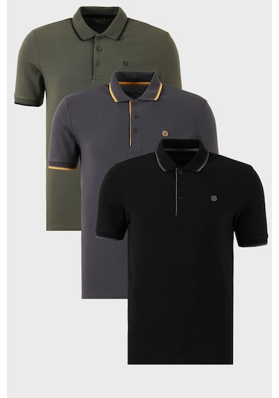 Buratti Pamuklu Slim Fit Şerit Detaylı Düğmeli Polo Yaka 3'Lü Paket Erkek T Shirt 5902118S3 Siyah-Haki-Antrasit