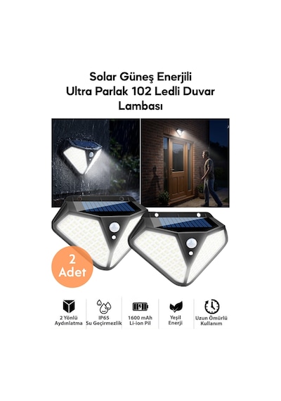 Technosmart 102 Led Solar Duvar Lambası 2 Li Set Hareket Sensörlü, 3 Modlu Ip65 Dış Mekan Aydınlatma