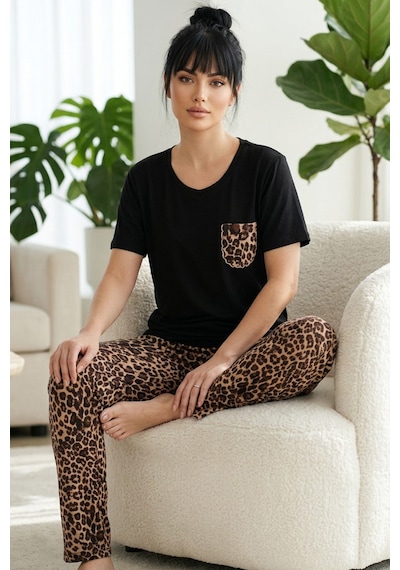 Siyah İnci Siyah Leopar Desenli Pamuklu V Yaka Örme Pijama Takım