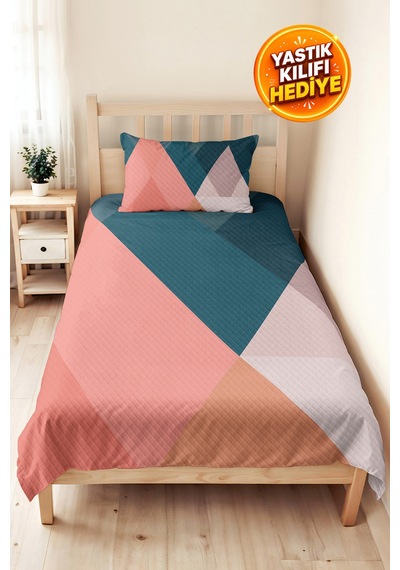 Geometrik Pembe Genç Odası Tek Kişilik Pike Takımı - Petrol Ekru 160x220 Cm Kapitone Yatak Örtüsü Kabuğu Kil Solgunluğu