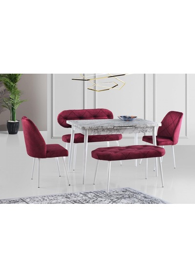 Ay Masa Ve Sandalye Bench Takımı, Fuşya Beyaz, 120x70 Beyaz