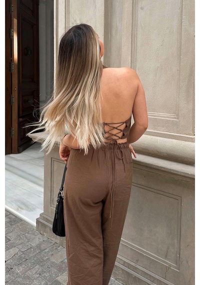 Madmext Kahverengi Beli Büzgülü Wide Leg Kumaş Pantolon Mg1950-kahverengi Kahverengi