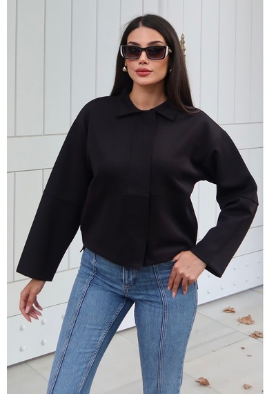 Kechi Woman Dalgıç Kumaş Gömlek Yaka Gizli Düğmeli Crop Ceket Siyah