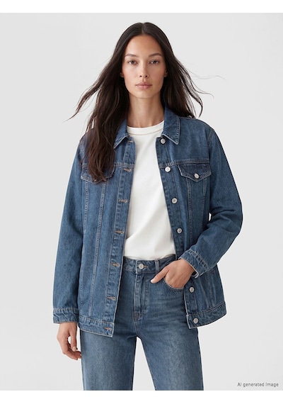 Lcw Everyday Mavi Gömlek Yaka Oversize Kadın Jean Ceket