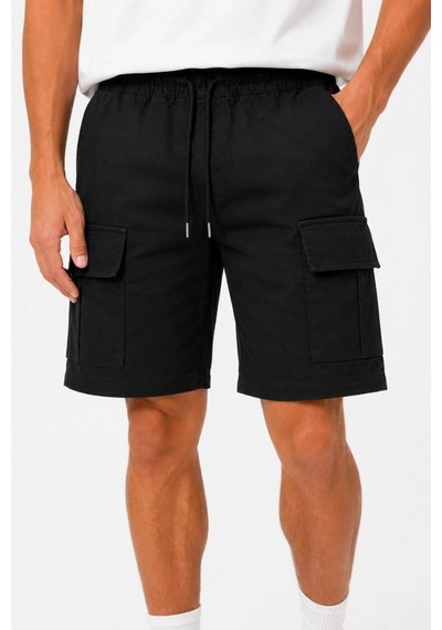 Erkek 4 Cepli Kargo Şort Lastikli Bel Bağcıklı Rahat Kalıp Yazlık Şort - Siyah