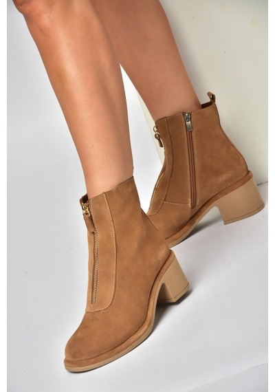 Fox Shoes Z555671002 Taba Hakiki Deri Süet Kalın Topuklu Kadın Bot