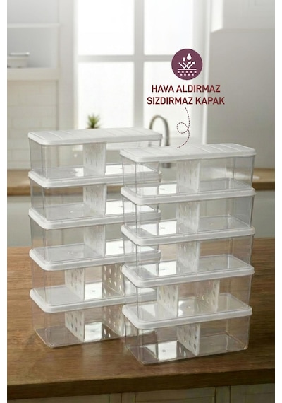 10 Adet 2 Lt. Nora Bölmeli Organizer Buzdolabı Buzluk Düzenleyici Saklama Kabı Ekru