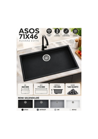 Granit Evye Asos Series Siyah Renk En:460 Mm Boy :710 Mm Derinlik :195 Mm
