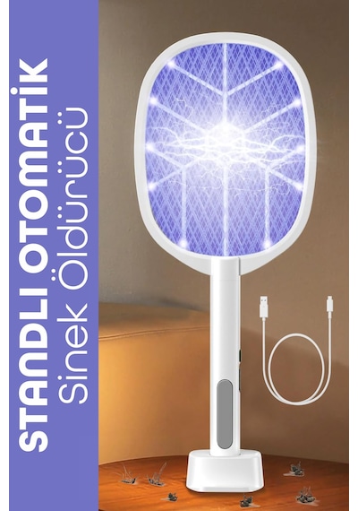 Usb Şarjlı Uv Işıklı Elektrikli Sivrisinek Öldürücü Raket Sinek Öldürücü Arı Sivri Sineksavar 806l Beyaz