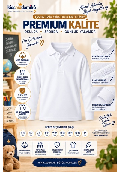 Kidsmadamiko Kız Çocuk Kız Çocuk Polo Yaka T-shirt Uzun Kollu Manşetli %100 Beyaz