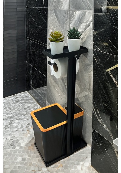 6 Parça Banyo Seti Çöp Kovası, Wc Fırça, Tuvalet Kağıtlık, Diş Fırçalık, Sıvı Sabunluk, Sabunluk Kahverengi - Siyah