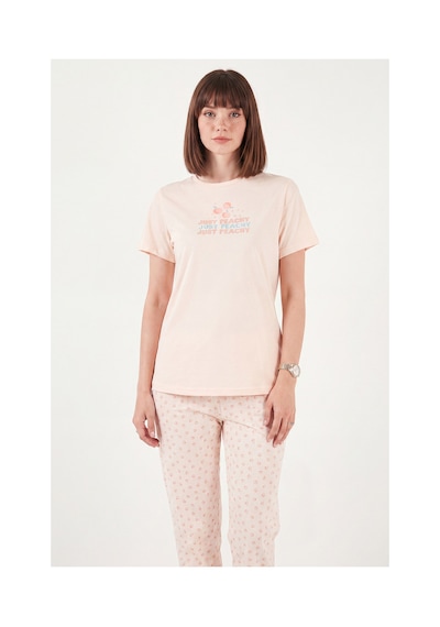 Lela Desenli Pamuklu Bisiklet Yaka Kaprili Pijama Takımı Bayan Pijama Takımı 65790787 Turuncu