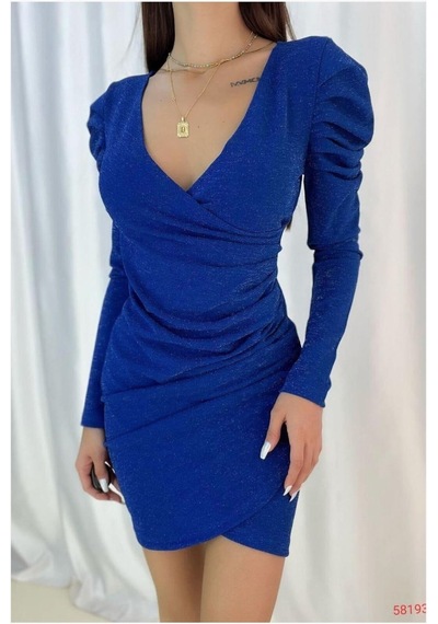 Lior Design Kadın Şık Model Kadife Kumaş V Yaka Uzun Kollu Abiye Elbise Saks
