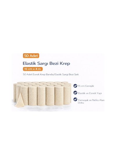 Elastik Sargı Bezi Krep 15 Cm X 4 M 50 Adet Esnek Krep Bandaj Elastik Sargı Bezi Seti