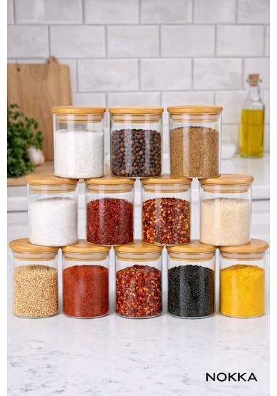 12 Adet Bambu Kapaklı Borosilikat Baharatlık, Saklama Kabı, Çerezlik 200 Ml Diğer