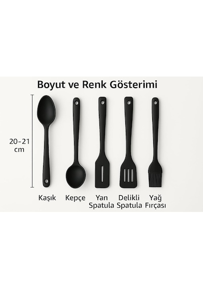 5'li Silikon Mutfak Seti Kaşık, Kepçe, Spatula, Yağ Fırçası Renkli Pişirme Seti Isıya Day Standart