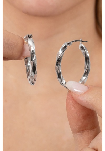 925 Ayar Gümüş Küpe Rodyumlu 33 Mm Burgu Oval Şekilli Şarnel Halka Küpe Barcode Gümüş