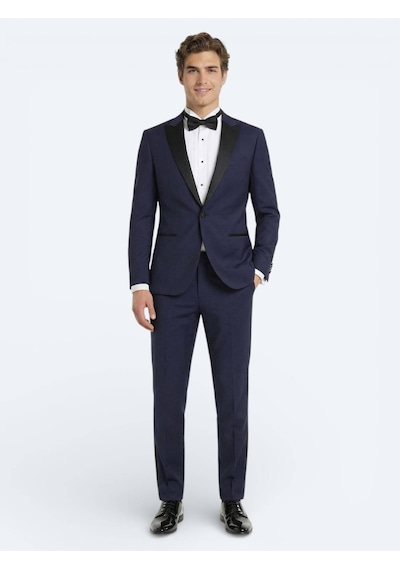 Kip Saks Düz Slim Fit Kruvaze Yaka Dokuma Smokin Takım Elbise Saks