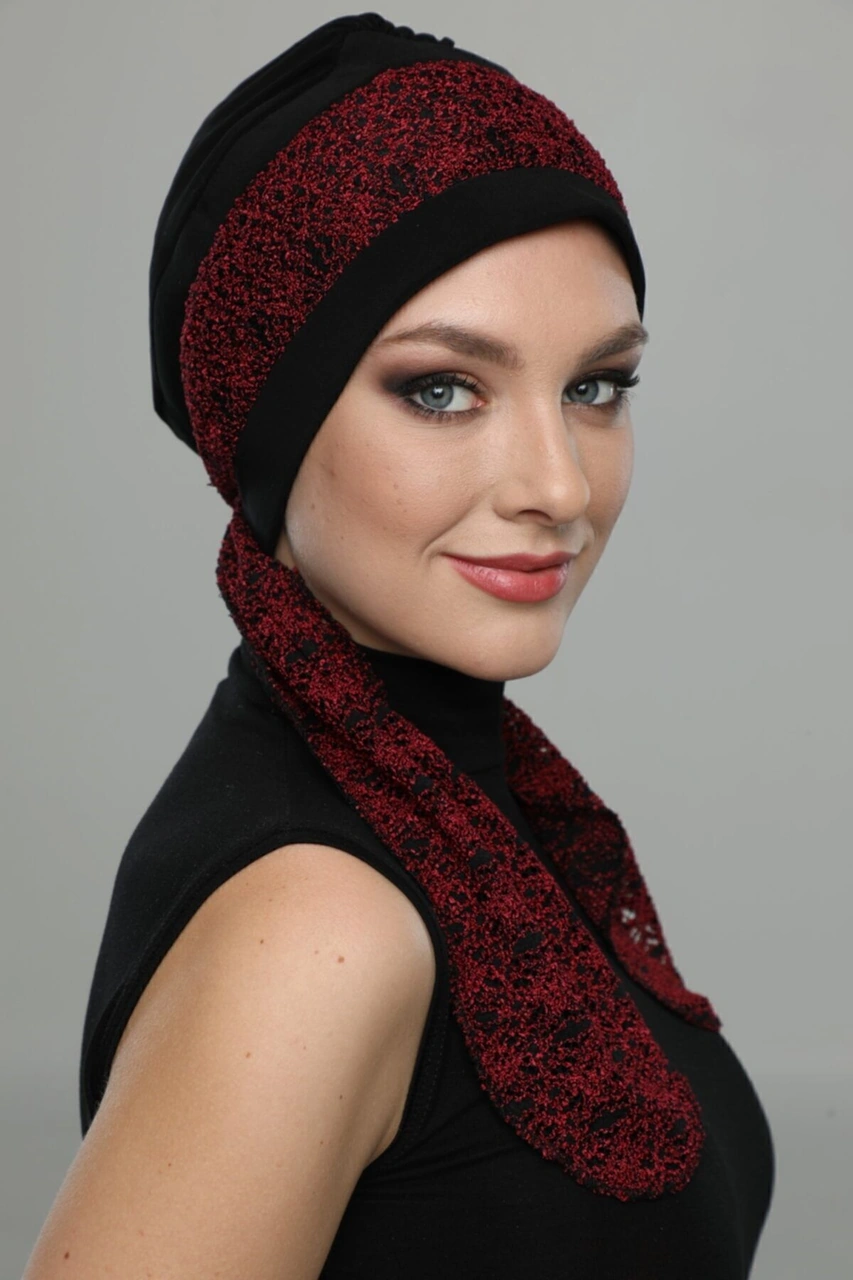 Elysianfidan Buklet Bandana Bağlamalı Siyah Bordo Hazır Türban Tesettür Bone Siyah-bordo