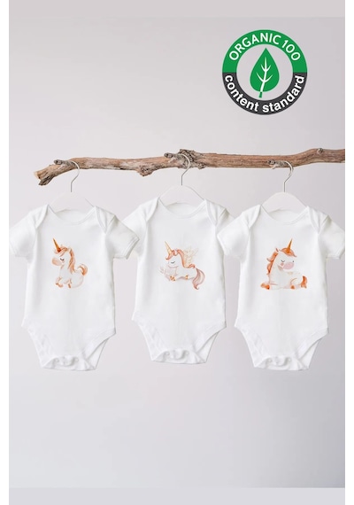 Lilabio %100 Organik Pamuk 3'lü Baskılı Kısa Kollu Bebek Body Unicorn Beyaz
