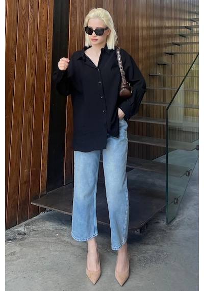 Madmext Siyah Uzun Kollu Çizgili Oversize Gömlek Mg2080-siyah Siyah