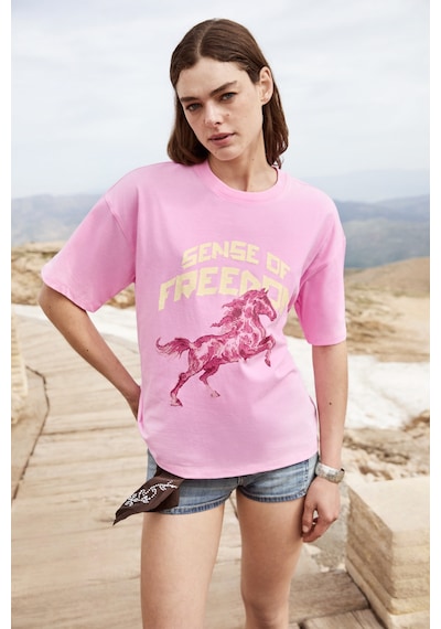 Grımelange Iratı Kadın Yumuşak Kumaşlı %100 Organik Pamuklu Baskı Detaylı Oversize Pembe T-shirt