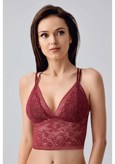 New Bra Çiçek Motifli Uzun Dantel Crop Bralet Bordo 8329