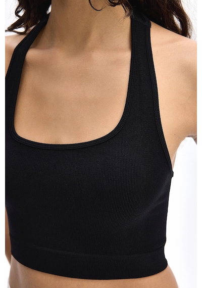 Subtone Boyundan Geçmeli Ribli Crop Top Siyah