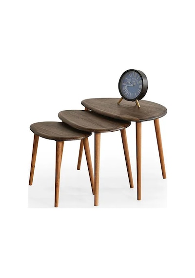 Favdecor Masif Doğal Ahşap Zigon Sehpa 3'lü Set Koyu Meşe