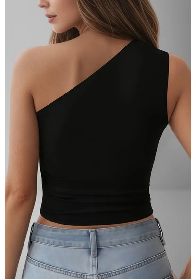 Kadın Siyah Tek Omuzlu Basic Dar Kesim Slim Fit Bluz Siyah