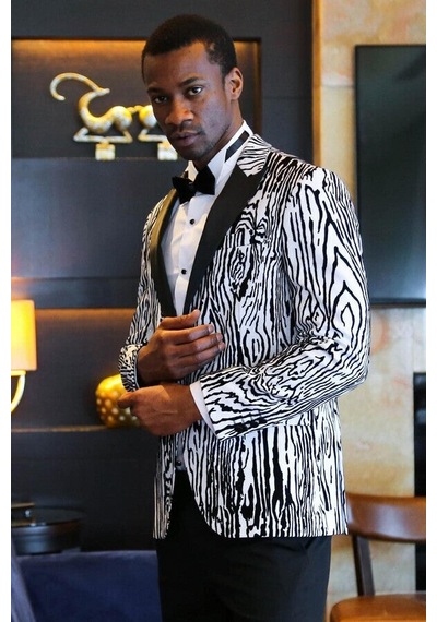 Wessi Slim Fit Zebra Desen Erkek Smokin Ceket - Beyaz