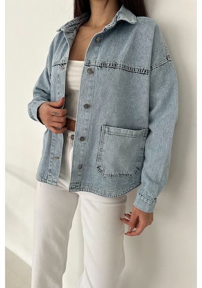 Kadın Cepli Düğmeli Denim Ceket Light Frame mavi