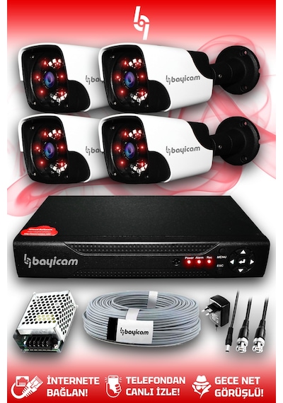 Bayicam 4 Kameralı Panda 4 Dış Kamera Set HDD'siz Full HD Gece Görüşlü Güvenlik Kamerası Sistemi