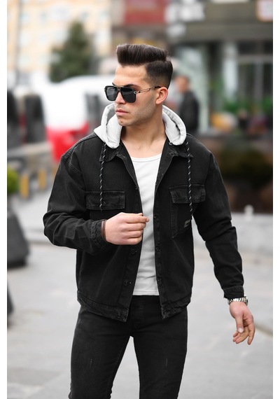 Little Cup Erkek Siyah Kapüşonlu Çıkarılabilir Kapüşonlu Oversize Kot Ceket