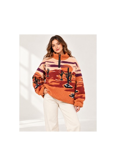 Nova Earth Art Kadın Desenli Yarım Fermuarlı Peluş Sweatshirt Kaktüs Desenli Çok Renkli