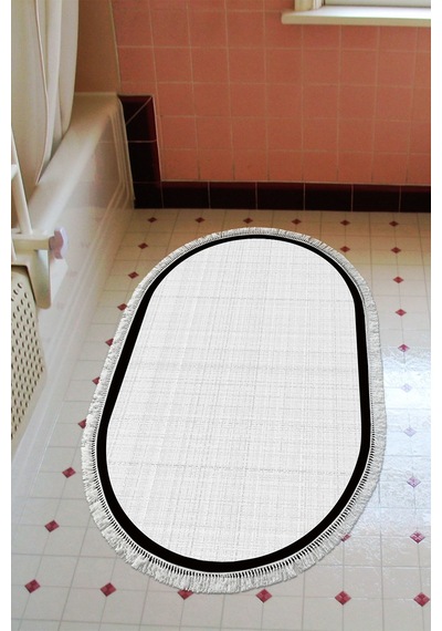 Kaymaz Taban Djt Banyo Mutfak Salon Halı Trend Saçaklı Oval Dokuma Desen E5007 Gri Beyaz