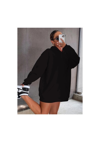 Tarzsokak Siyah Happy Baskılı Oversize Kapüşonlu Sweatshirt